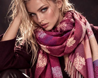 Red Burgundy Sheep Reversible Winter Scarf, Warm Wrap for Women, Animal Lover Shawl, Cosy Gifts for Her