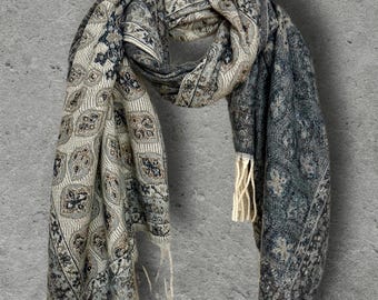 Reversible Beige Navy Winter Scarf, Ultra Soft Boho Medallion Wrap, Warm Elegant Shawl for Women, Unique Gifts for Her