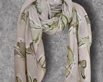 Green Butterfly Sketch Beige Scarf,Lightweight Cotton Summer Wrap for Women,Soft Neutral Shawl with Gold Details.