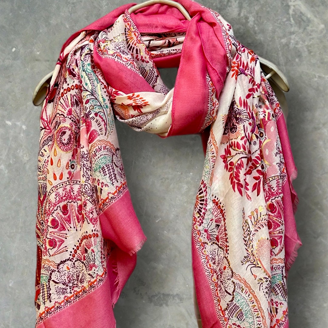 Bright Pink Sketch Tree Scarf With Pink Trim,perfect for Women,all ...