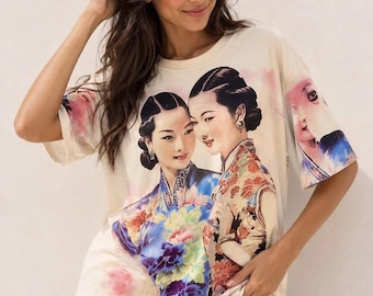 Vintage Oriental Ladies Graphic Organic Cotton T-Shirt,Asian Style Art Print Tee,Harajuku Streetwear for Women