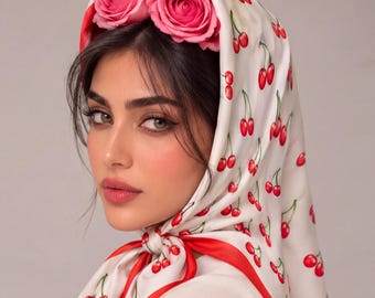Cherry Print Square Silk Satin Scarf for Women,Retro Fruit Neck Wrap,Hair Tie,Handbag Ribbon Accessory