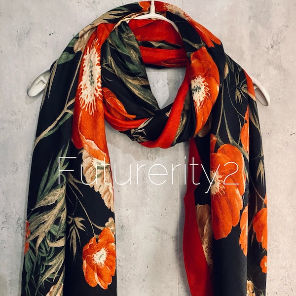 Vintage klaproos bloem met rode rand zwarte sjaal/zomer herfst sjaal/cadeaus voor moeder/cadeaus voor verjaardag Kerstmis/UK verkoper/sjaal vrouwen