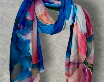 Blue Watercolour Petal Print Summer Cotton Scarf,Lightweight Sheer Abstract Floral Wrap,Artistic Painterly Shawl,Boho Colorful Neck Scarf