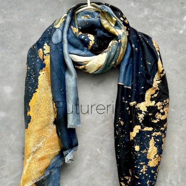 Abstract Pattern With Gold Accents Blue Cotton Scarf/Summer Autumn Winter Scarf/Gifts For Her Birthday Christmas/Gifts For Mother