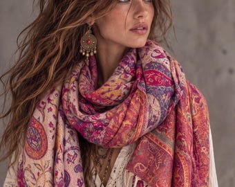 Bohemian Reversible Pink Beige Paisley Winter Scarf, Ultra Soft Shawl for Women, Fringed Colourful Wrap, Gift for Her