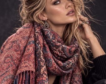 Brown Red Paisley Reversible Winter Scarf,  Vintage Bohemian Wrap, Ornate Tapestry Shawl,  Soft Warm Womens Gifts