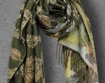 Reversible Olive Green Floral Winter Scarf, Beige Botanical Women Wrap, Ultra Soft Warm Shawl, Thoughtful Gifts for Her
