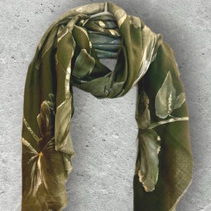 Olive Green Peony Scarf with Gold Accents for Women,Floral Print Wrap,Lightweight All Season Shawl,Gift for Her Birthday or Christmas