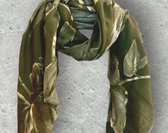Olive Green Peony Scarf with Gold Accents for Women,Floral Print Wrap,Lightweight All Season Shawl,Gift for Her Birthday or Christmas