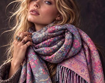 Grey Pink Botanical Winter Scarf, Reversible Floral Trees Wrap for Women, Colourful Boho Shawl,Warm Gifts for Her