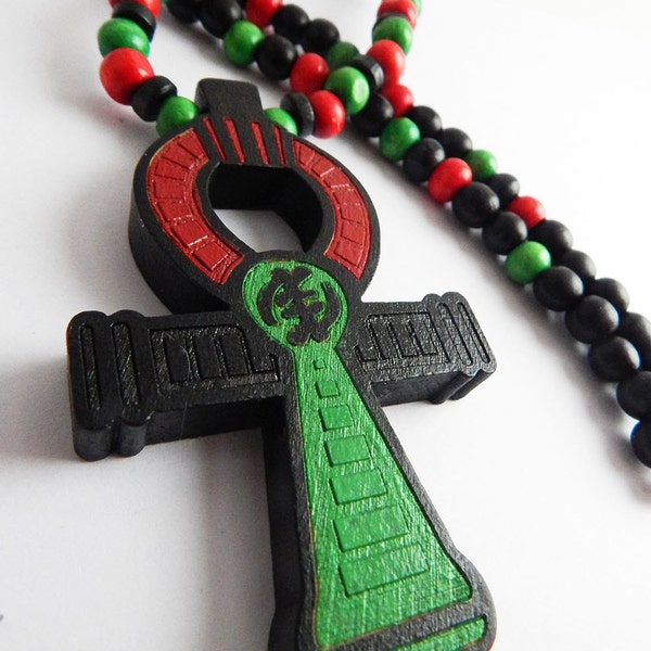 Large Ankh Necklace Men RBG Jewelry Egyptian Wood Beaded Marcus Garvey African Gift for Him Tribal
