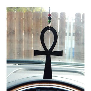 Ankh Car Charm Wood Egyptian Ankhs Car Accessories  Rear View Mirror RBG Red Black Green African Car Charm