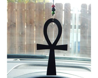 Ankh Car Charm Wood Egyptian Ankhs Car Accessories  Rear View Mirror RBG Red Black Green African Car Charm