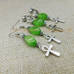 Silver Ankh Symbol Earring Green Beaded Dangle Egyptian Cross Birthday Mothers day Gift for Her