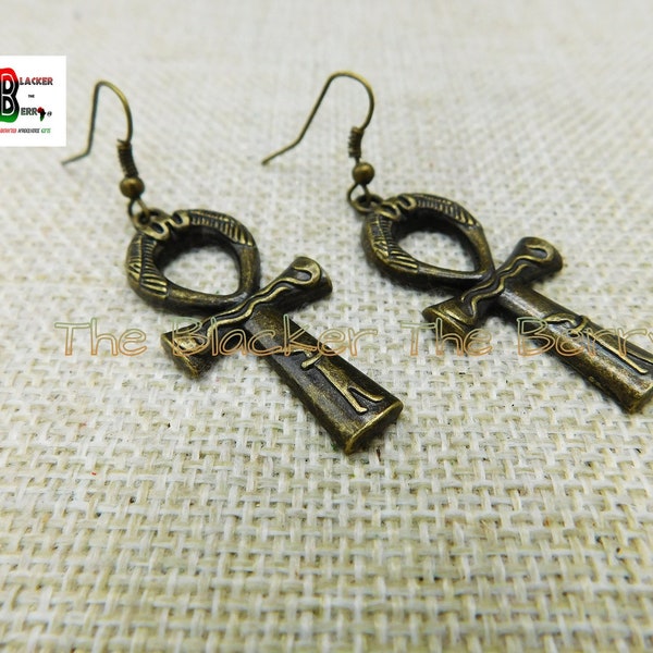Ankh Earrings Antique Bronze Egyptian Cross Jewelry African Ethnic Jewelry Afrocentric Dangle Gift for Her