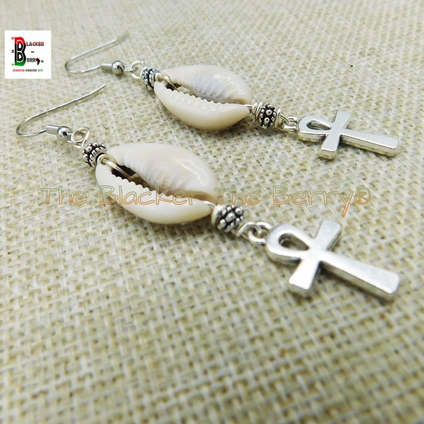 Ankh Earrings Cowrie Shell Beaded Silver Jewelry Egyptian Cross Handmade Dangle Gift for Her Statement