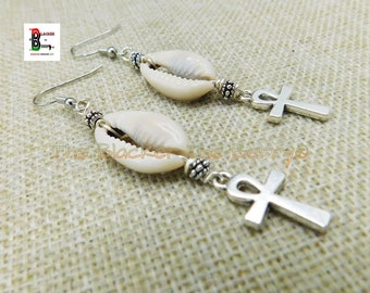 Ankh Earrings Cowrie Shell Beaded Silver Jewelry Egyptian Cross Handmade Dangle Gift for Her Statement