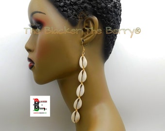 Boucles d'oreilles grandes coquillages cauris africains extra longues femmes afrocentriques bijoux fil plaqué or