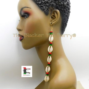 African Cowrie Shell Large Earrings Extra Long Afrocentric Women RBG Pan African Jewelry
