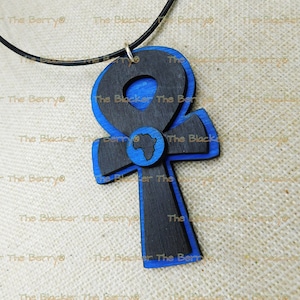 Large Ankh Necklace Wooden Jewelry Blue Black Africa Handmade Men Women The Blacker The Berry Design