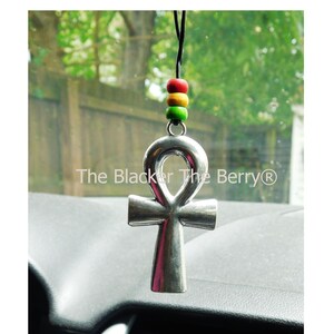 Silver Ankh Car Charm Rasta Egyptian Accessories Rear View Mirror Handmade Beaded Gift