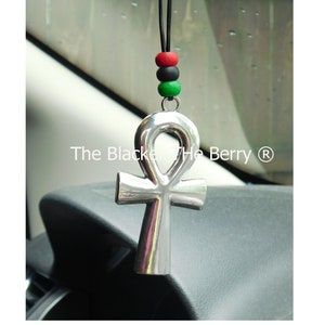 Silver Ankh Car Charm Egyptian Accessories  Rear View Mirror RBG Red Black Green African