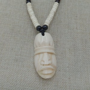 Men African Necklace Tribal Face Ethnic Carved Jewelry Beaded  Off White Afrocentric Juneteenth