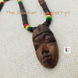 Wood Necklace Carved Men Tribal Face Jewelry Gift For Him Rasta Beaded