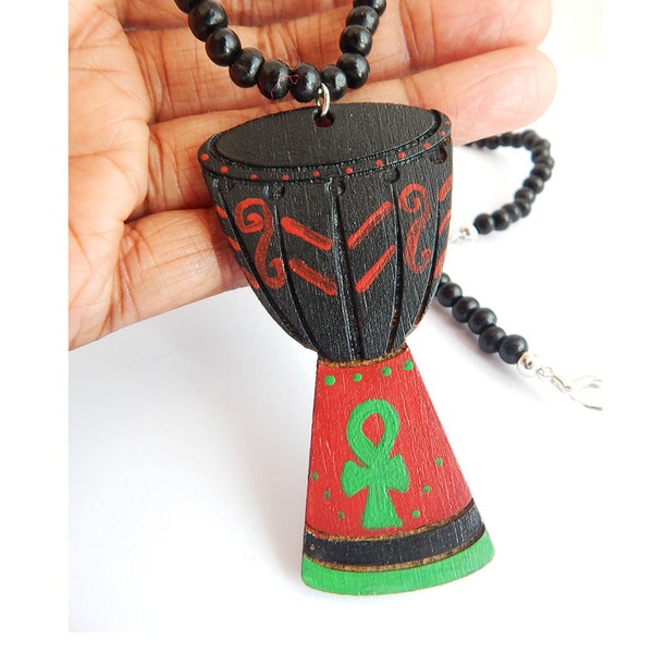 African Drum Necklace Drum Jewelry Wood Ankh Jewelry Drum Pendant Red Black Green Necklaces Mens Jewelry Gift Ideas For Him For Her