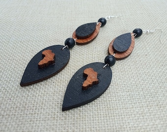 Wood Earrings Black African Jewelry Women Handmade Dangle Statement Unique Gift