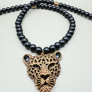 Black Cheetah Black Panther Beaded Necklace Men Jewelry Animal Safari Gift for Him