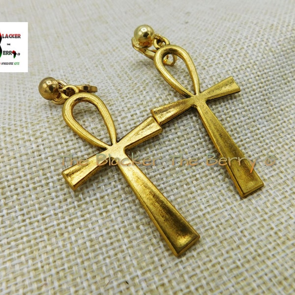 Boucles d'oreilles antiques dorées à clip Ankh non percées, bijoux égyptiens