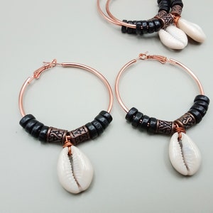 Copper Hoop Earrings Black Beaded Jewelry Cowrie Shell Handmade Ethnic Statement Handmade