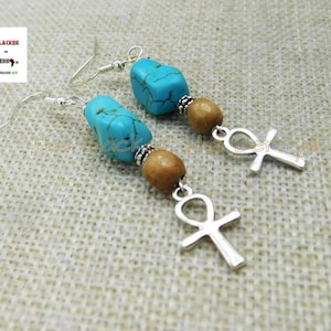 Ankh Earring Egyptian Cross Dangle Silver Turquoise Wood African Gift for Her