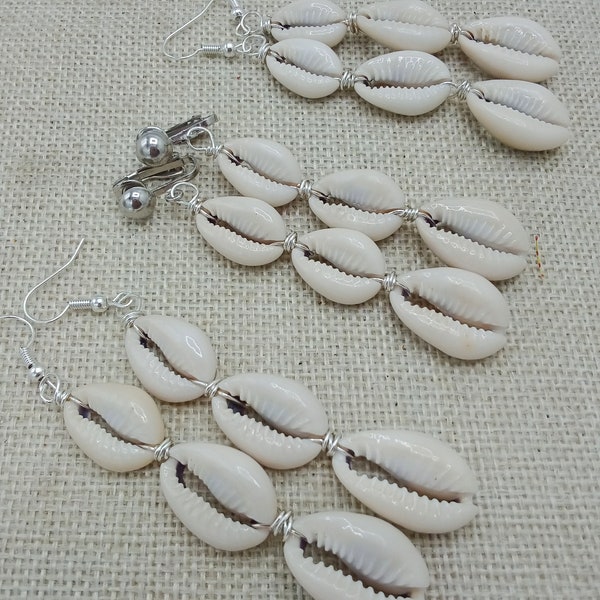 African Cowrie Shell Earrings Afrocentric Women Jewelry Wire Clip On Handmade Gifts