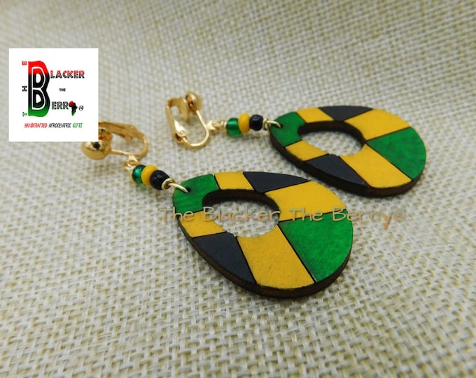 Small Jamaica Clip on Earrings Wooden Hand Painted Handmade Jewelry