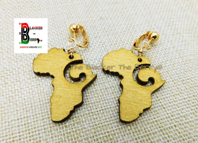 Africa Clip On Earrings Gold African Wooden Beaded Jewelry Wood Map