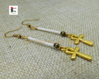 Ankh Earrings Gold Egyptian Cross White Bead Jewelry Gift for Her Handmade