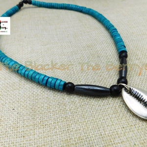 Silver Cowrie Necklace Beaded Black Blue Jewelry Handmade