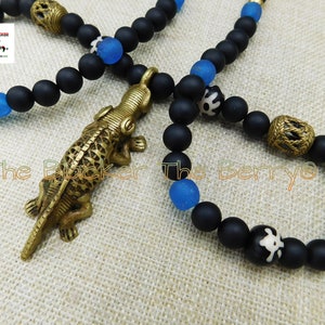 African Necklaces Men Crocodile Jewelry Animal Blue Black Brass Beaded Tribal Handmade Ethnic Afrocentric Pendant