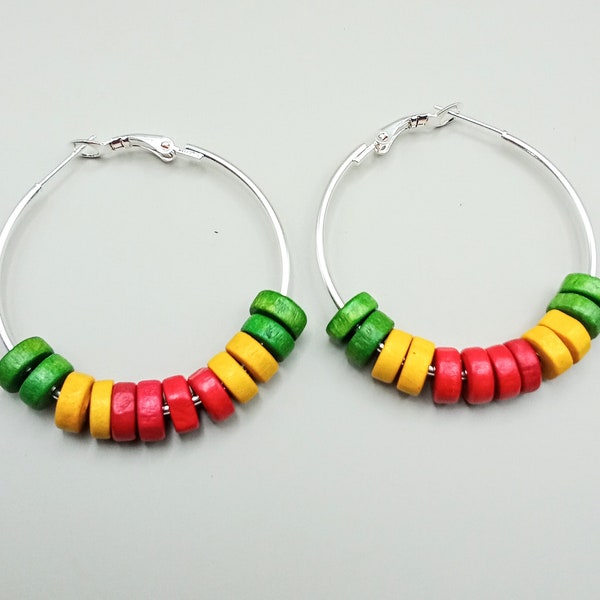 Rasta Hoop Silver Earrings Beaded Red Yellow Green Gift for Her Afrocentric