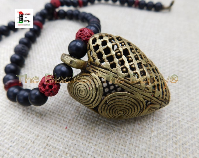 African Heart Brass Beaded Necklace Heart Pendant Red Black Brass ...