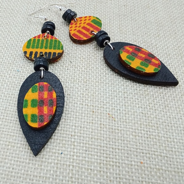 African Ankara Kente Earrings Wood Jewelry Black Beaded Women Handmade Women Dangle Gift