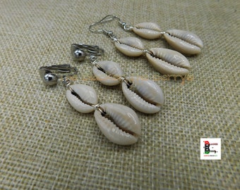 Double Cowrie Shell Dangle Earrings, Beach Shell Jewelry, Bohemian Earrings, Seashell Statement Earrings