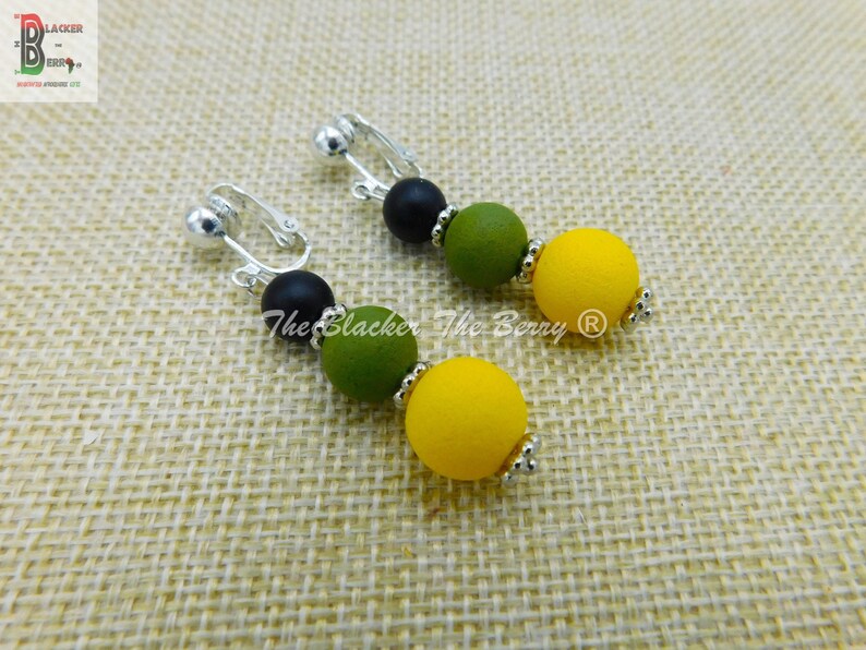 Jamaican Clip on Earrings Beaded Green Yellow Black Jewelry Etsy
