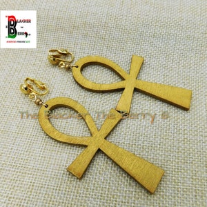 Wooden Gold Ankh Clip On Non Pierced Earrings Jewelry Women Ethnic Afrocentric