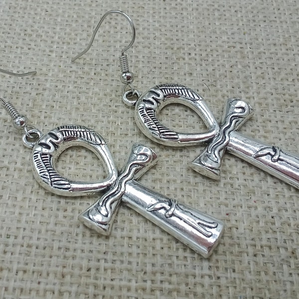 Silver Ankh Earrings Egyptian Cross Dangle African Gift for Her Jewelry