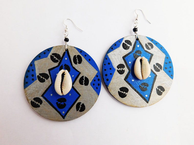 Cowrie Shell Hand Painted Earrings Blue White Black