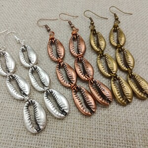 Cowrie Shell Earrings Metal Silver Copper Bronze Dangle Gift for Her Ethnic African Jewelry